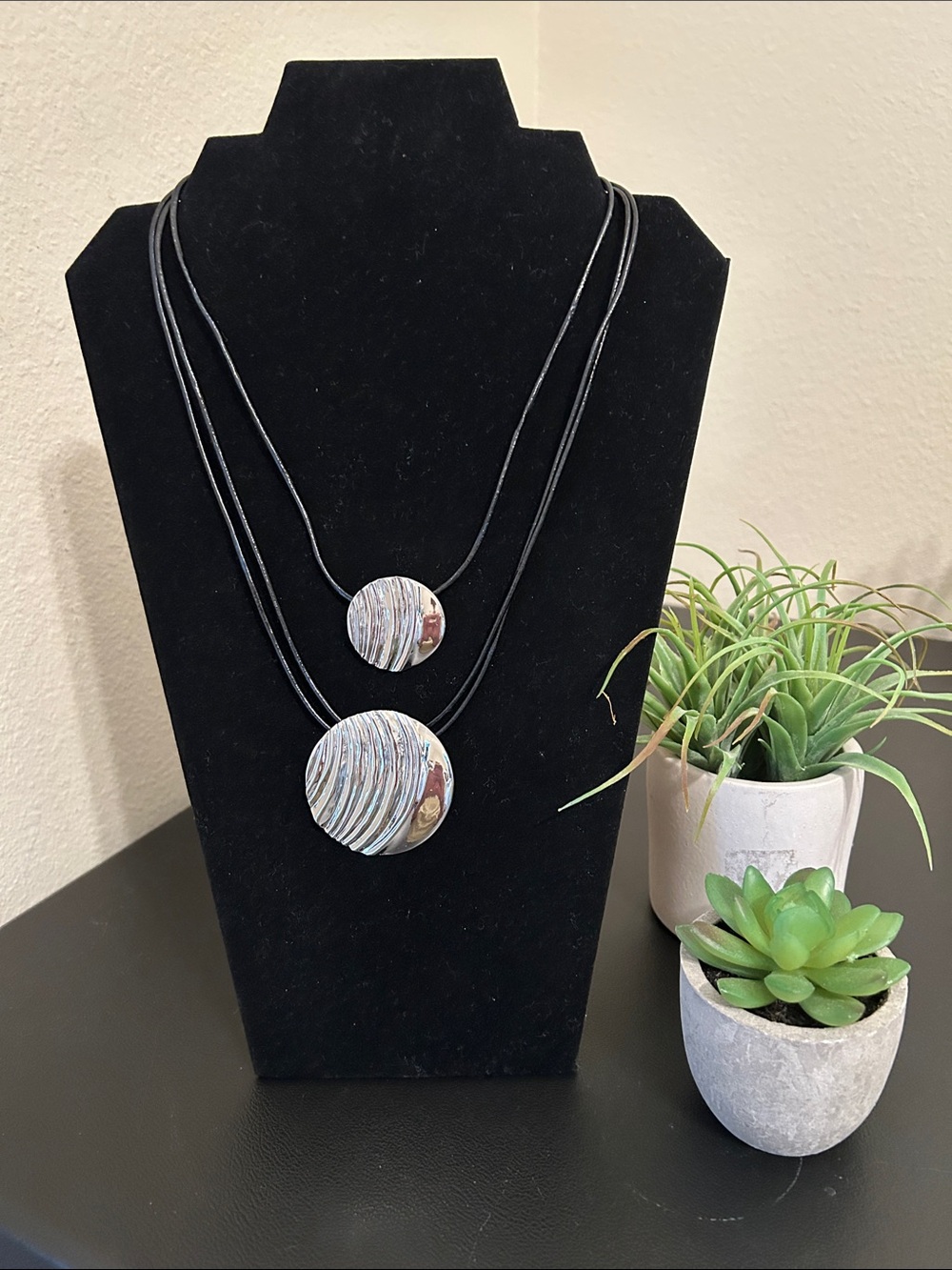 Chico’s Double Pendant Black Cord Necklace with Textured Silver Discs